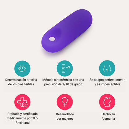 Infografía en español que muestra el sensor trackle morado en la parte superior, acompañado por seis iconos circulares en turquesa y rosa que detallan sus características principales: determinación de días fértiles, precisión sintotérmica, comodidad, certificación médica por TÜV Rheinland, desarrollo por mujeres y fabricación en Alemania.