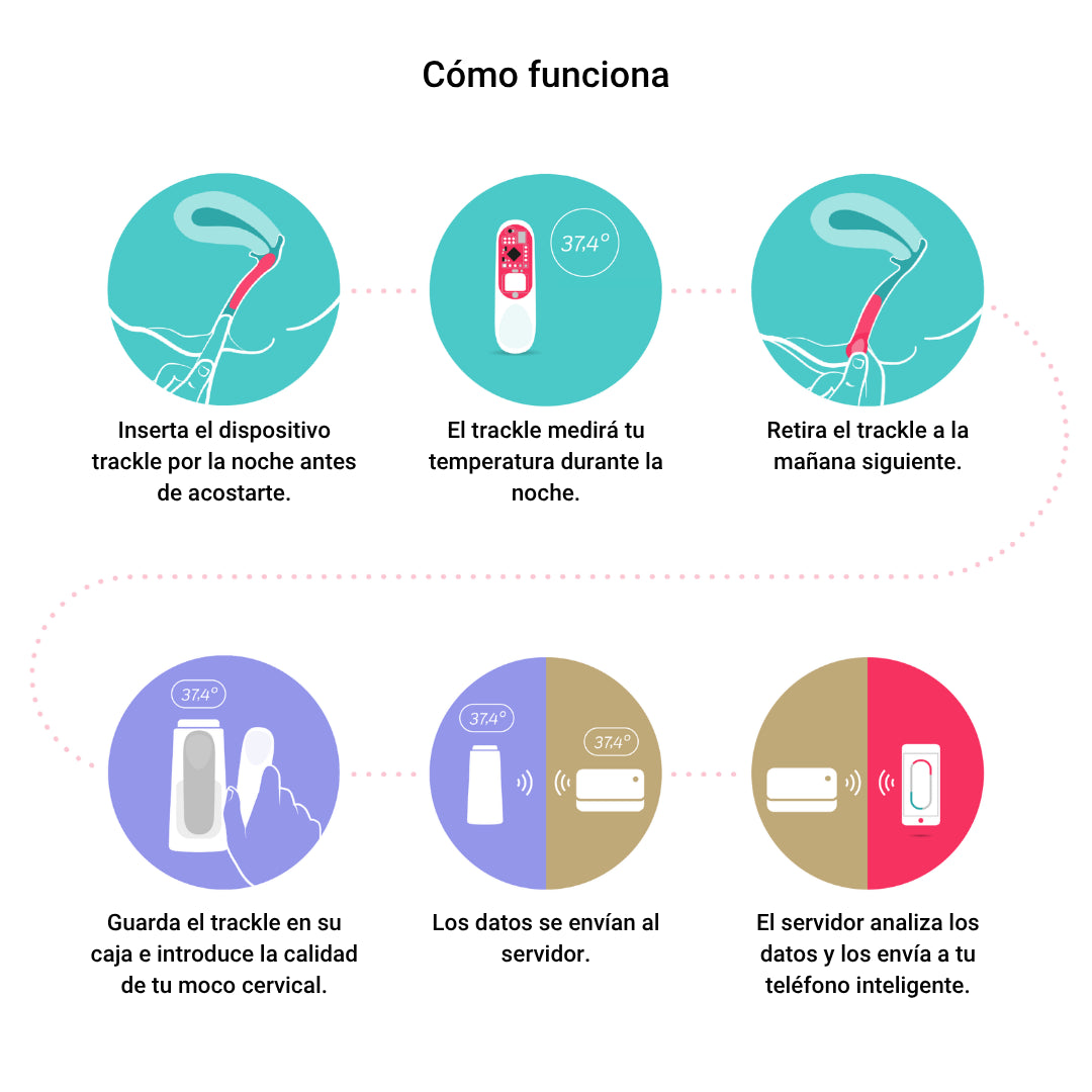 Infografía en español titulada 'Cómo funciona' que explica en seis pasos ilustrados el uso del sensor trackle: inserción nocturna, medición de temperatura, retirada matutina, registro en la caja con el moco cervical, envío de datos al servidor y análisis en el teléfono inteligente.